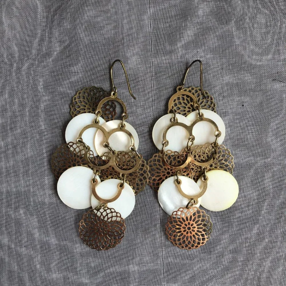 Bloomingdales Gold Tone Mother of Pearl Chandelier Statement Earrings Festival